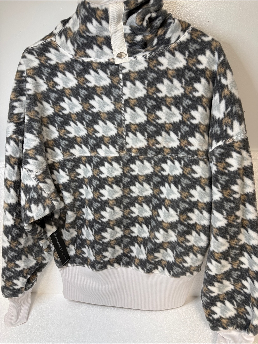 NWT Tahari Sport Houndstooth Plaid Cowl Neck Fleece Pullover S